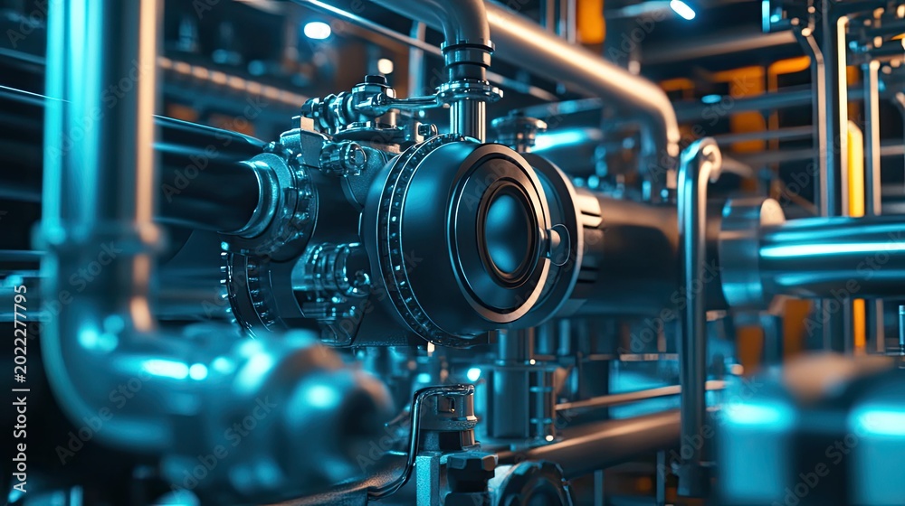 Fototapeta premium Industrial pipes, valves, and mechanical components forming a complex system in a factory setting, symbolizing innovation, engineering, and the future of energy production