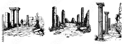 Foto Ancient ruins of classical city with stone columns and pathways in detailed engr