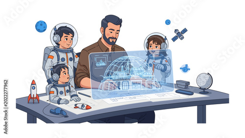 Schilderij op canvas Future Explorers' Lesson: A wise adult guides young explorers, envisioning the cosmos with an innovative digital display, surrounded by cosmic tools, fueling dreams of space travel