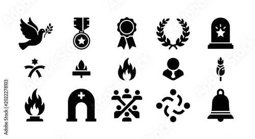 Set of minimalist memorial and commemorative icons in black.