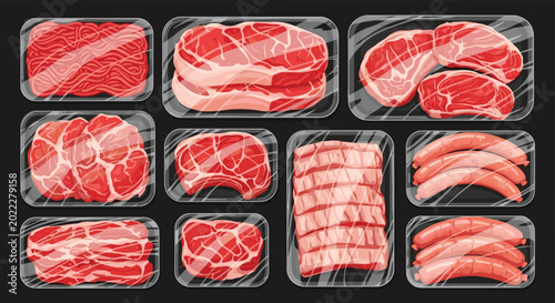 Comprehensive collection of different meat products in plastic vacuum packaging including steaks, ground beef, and sausages.