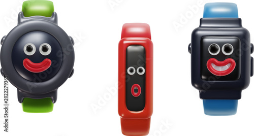 Modern digital smartwatches and fitness trackers with creative twist. Each device displays funny 3D cartoon face on screen, blending technology with playful, toy like character design.
