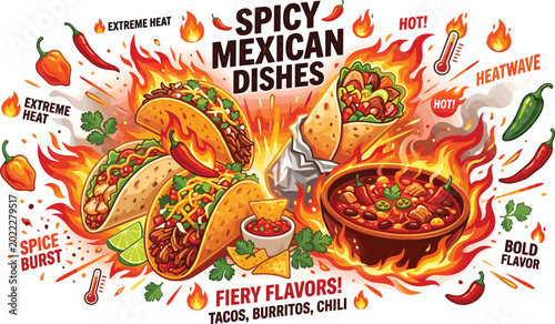 Quadro su tela Vibrant Mexican dishes banner featuring spicy beef tacos wrapped burrito and bur