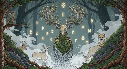 Majestic spirit deer with ancient runic antlers in a mystical forest, surrounded by wildlife and ethereal fog, embodying nature's wisdom