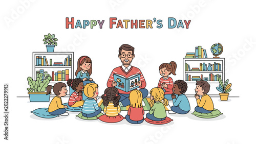 Foto Father's Day Storytime: A loving father figure captivates a circle of attentive children with a heartwarming story, creating a moment of shared joy and connection