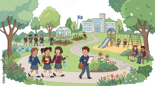 Vibrant vector landscape of kids in school uniform exploring outdoor campus garden playground greenhouse and beautiful nature park