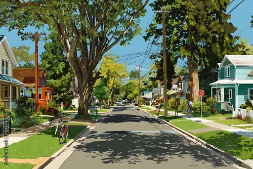 Neighborhood street with tree-lined sidewalks evokes warmth joy and community spirit.