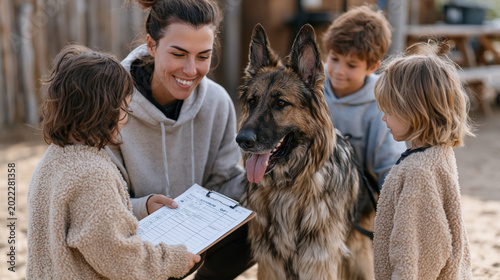 Shelter behavior analyst conducting formal meet-and-greet assessment between potential adopter family and reactive rescue shepherd in neutral evaluation yard, clipboard scoring sheet tracking each i