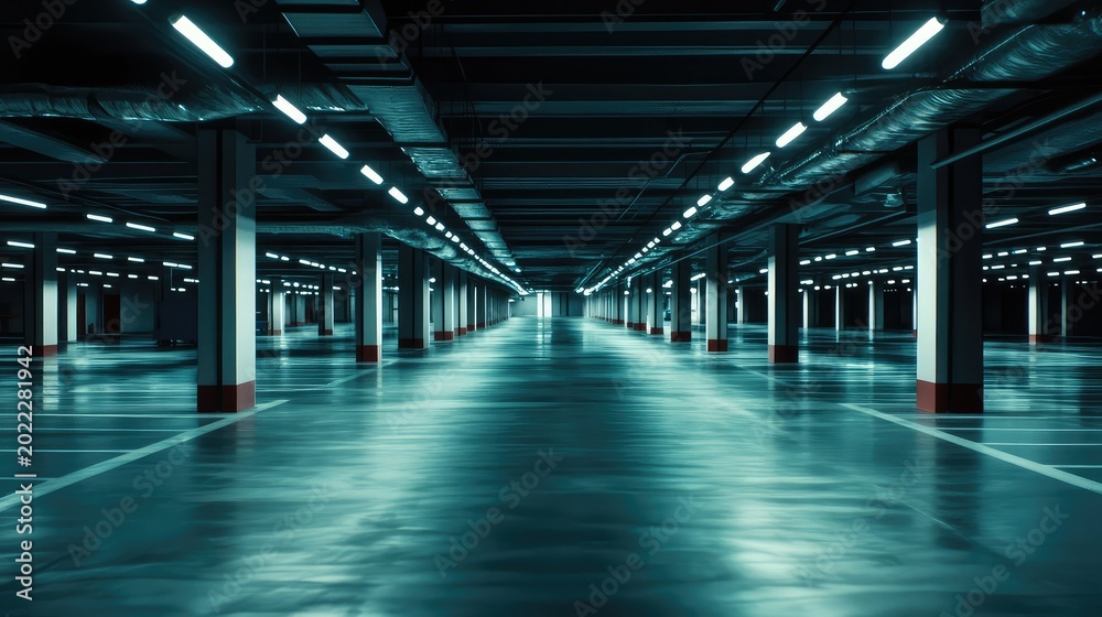 Fototapeta premium Empty underground parking garage with concrete pillars, glowing blue illumination and reflective polished floors, creating a spacious, deserted, futuristic urban interior feeling of solitude