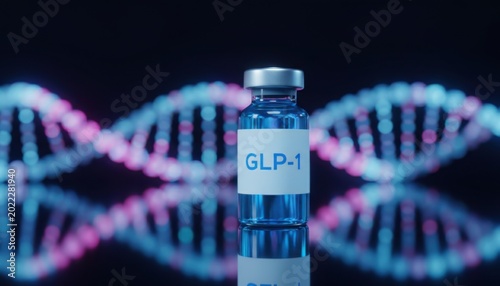 GLP 1 medicine vial stands before colorful DNA helix lights in dark biotechnology and weight treatment concept