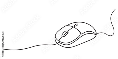 Continuous line drawing of a computer mouse with cord, Minimalist single line drawing of a computer mouse with a cable. one line Icon drawing with white background, Computer mouse continuous one line