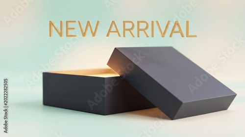 New arrival sign with an open gift box on a soft pastel background