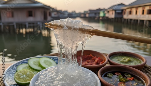 Sticky translucent papeda sago congee held by chopsticks over bowl served with chili paste and cucumber on river house