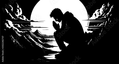 Schilderij op canvas Silhouette of a person praying or meditating against a large moon