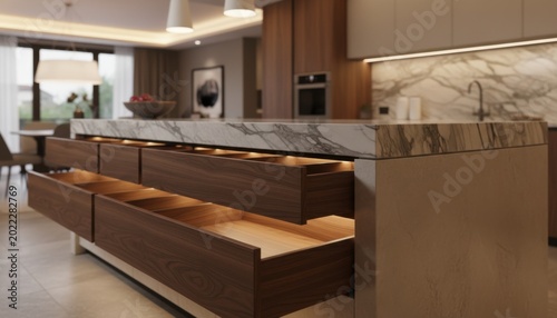 Modern luxury kitchen island featuring rich walnut wood drawers pulled open with warm integrated glowing led strip lights