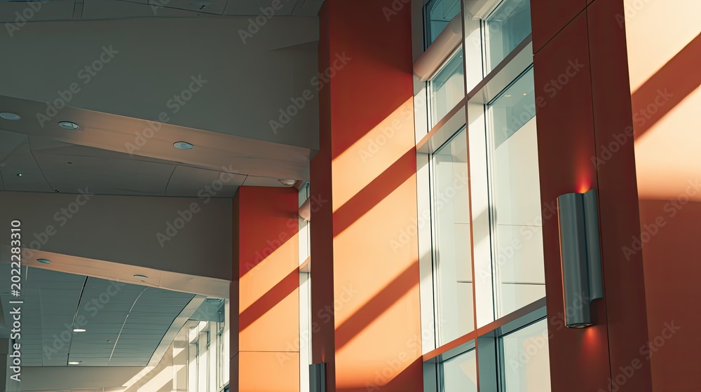 Fototapeta premium Modern building interior featuring minimalist design, large windows, and architectural elements with warm sunlight creating striking shadow patterns on orange walls
