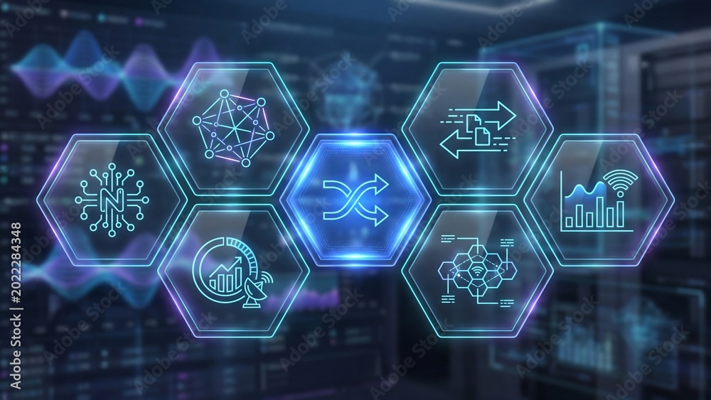 Fototapeta premium Digital interface displaying glowing hexagonal icons for network connectivity and data exchange in this modern high tech professional tech photograph