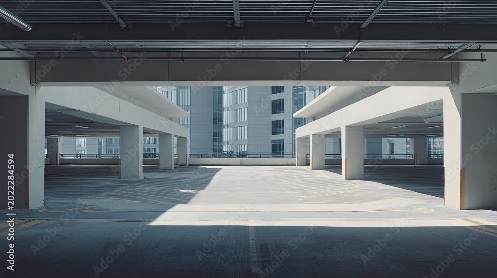 Fototapeta premium Empty multi level parking garage structure showcasing modern architecture and concrete design, creating an abstract urban scene with strong shadows and light