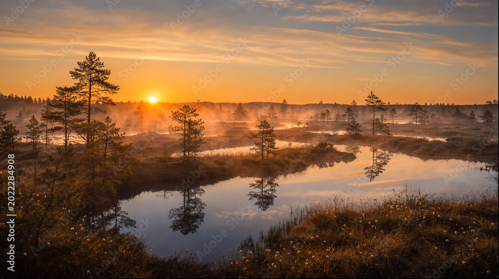 Obraz premium Misty estonian bog at sunrise with reflections in pools and pines