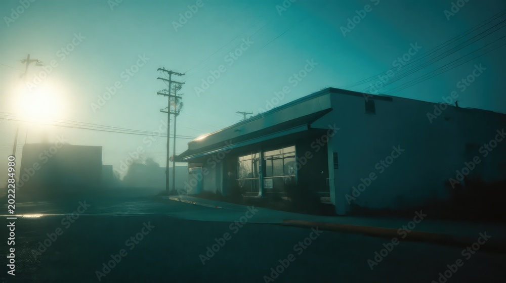 Obraz premium Fog enshrouding an empty urban street scene at dawn, with building fronts, telephone poles, and power lines creating a desolate and mysterious atmosphere