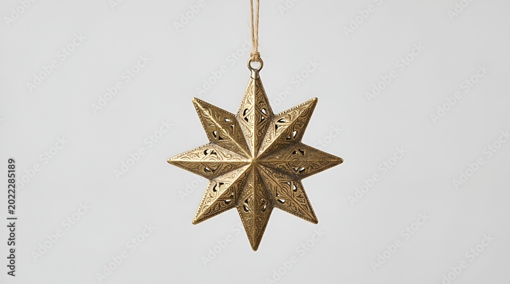 Fototapeta premium Golden ornate star Christmas ornament hanging on a string against a neutral background