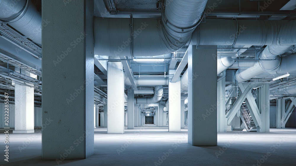Fototapeta premium Large empty industrial basement interior featuring concrete columns, numerous exposed pipes, ducts, and structural beams, creating a utilitarian and atmospheric space