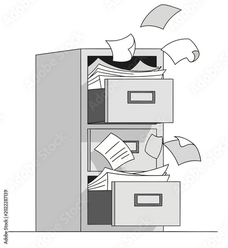 A grey filing cabinet with drawers overflowing with papers, depicting disorganization and a chaotic office environment.