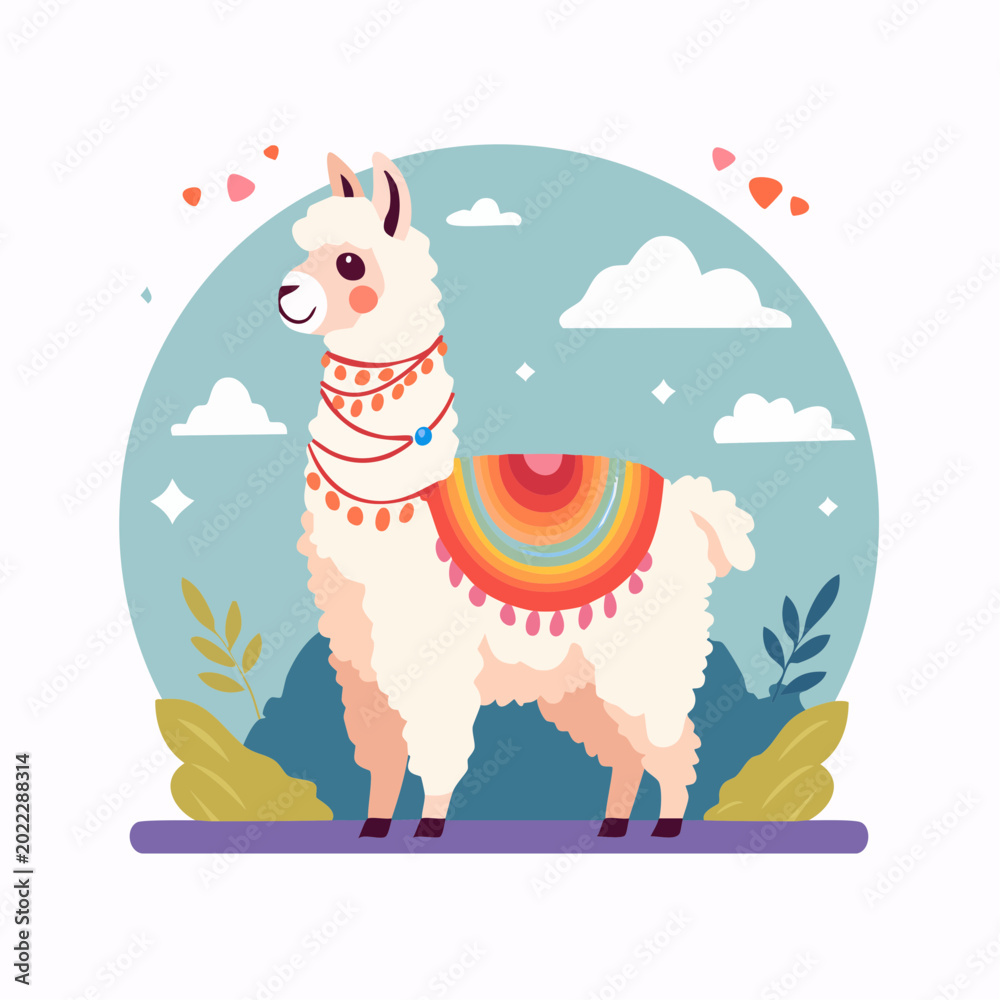 Naklejka premium Cute Llama with Colorful Blanket and Decorations