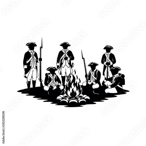 Photos Revolutionary War Soldiers Gather Around Campfire Illustration.