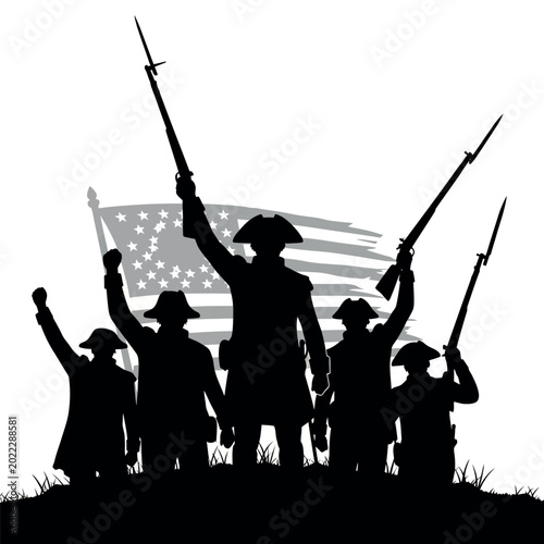 Silhouette of American Revolution Soldiers Raising Flags and Rifles.