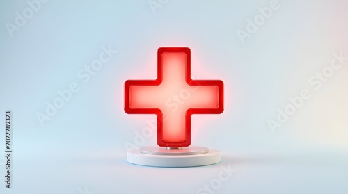 Glowing Red Medical Cross Symbol on White Pedestal, Healthcare Concept