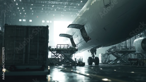 Large airplane with open cargo doors undergoing freight loading procedures inside a maintenance hangar, preparing for global logistics and air cargo transport
