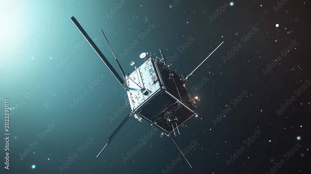 Fototapeta premium Space satellite orbiting above a planet in the dark expanse, highlighting advanced technology used for navigation, observation, and broadcasting data across the world