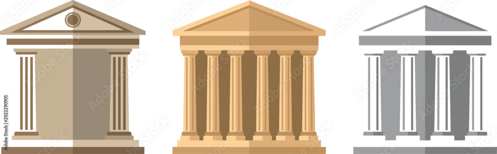 Fototapeta premium Three Flat Design Ancient Greek Roman Temple Building Icon Vector Illustration Set Brown Beige Gray Color Isolated on White Background
