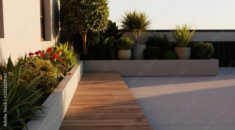Naklejka premium Modern minimalist urban garden with plants and wooden deck. Lush greenery, red flowers, planters create serene outdoor city space. Relaxing rooftop terrace provides tranquil escape.
