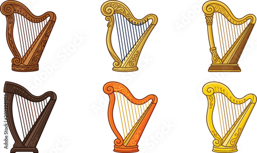 Fotografía Six Ornate Celtic Irish Harp Musical Instrument Vector Illustration Set Multiple
