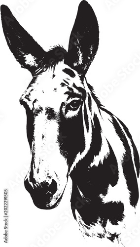 Stylized donkey portrait vector illustration. Hand-drawn vintage engraving style black and white mule or domestic ass head isolated on white background.