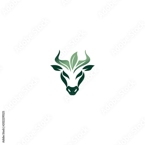 Green bull logo with leaves symbolizing nature and strength, perfect for eco-friendly brands