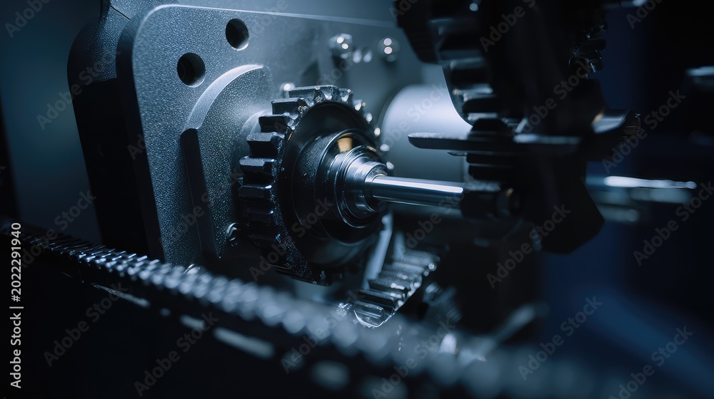 Naklejka premium Complex metallic machine parts showcasing gears, a shaft, and a chain, representing technology, precision manufacturing, and the inner workings of mechanical systems