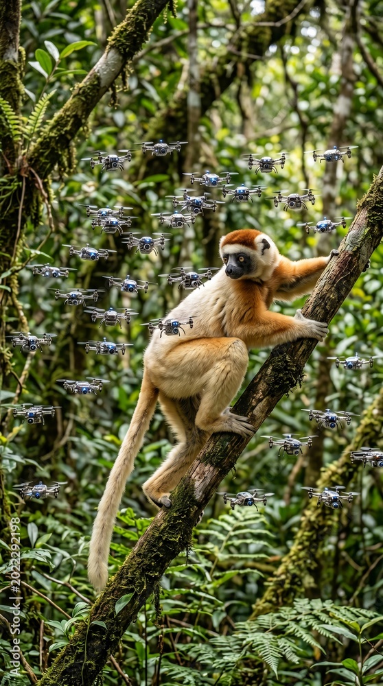 Fototapeta premium Lemur surrounded by a swarm of surveillance drones in lush jungle