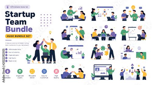 Fotografía Startup Team Bundle, Flat Business Character Illustrations for Corporate Collabo