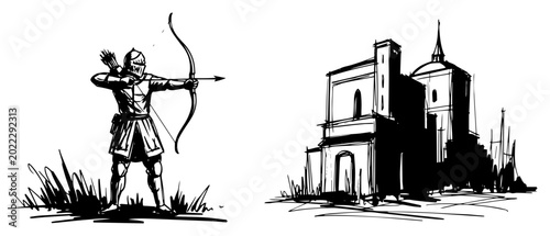 Photos Medieval Archer Aiming Longbow beside Old Church Ruins Black and White Vector Il