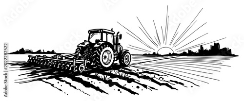 Quadro su tela Tractor Plowing Field at Sunrise Rural Agriculture Hand Drawn Black and White Ve