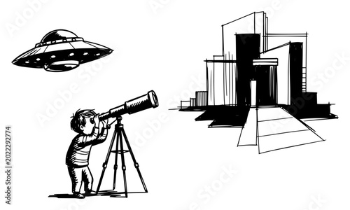 Konstfotografi Child astronomer with telescope observing flying saucer hand drawn line art vect