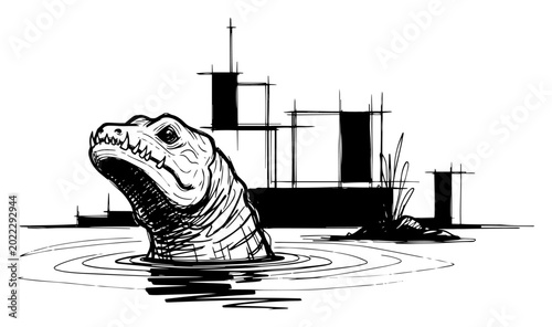 Bild auf Leinwand Sea Monster Emerging in Harbor Urban Waterfront Black and White Vector Illustrat