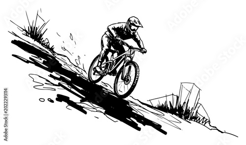 Foto Mountain Biker Descending Rocky Trail Hand Drawn Black and White Vector Illustra