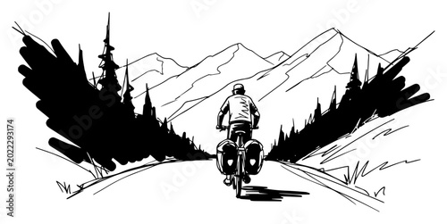 Schilderij op canvas Bicycle tourist riding mountain valley road with panniers hand drawn line art ve
