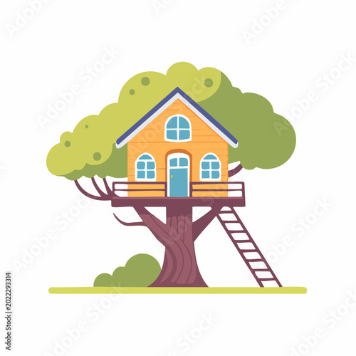 Cartoon Treehouse with Ladder and Green Foliage