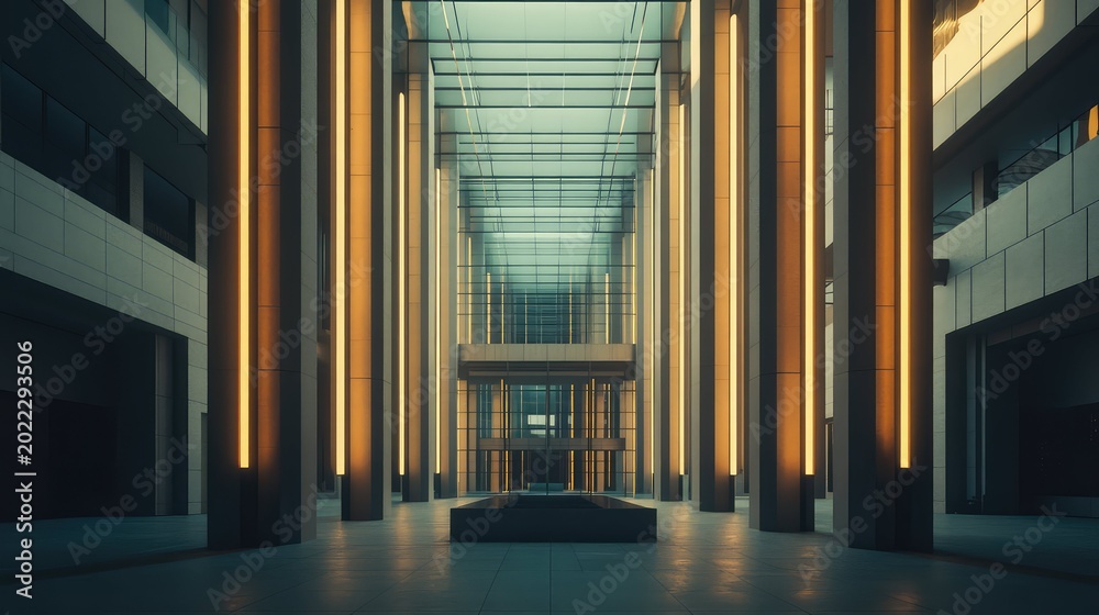 Fototapeta premium Large contemporary building atrium featuring soaring columns with integrated neon lighting, a glass roof, and symmetrical architectural design creating a futuristic and impressive interior space