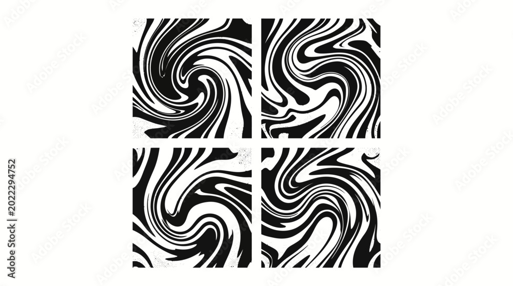 Fototapeta premium Four-panel black and white abstract swirl patterns forming a hypnotic tiled design for modern backgrounds and textures.
